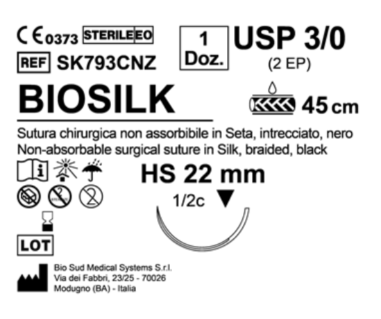 Sutura Biosilk HS 22 USP 3-0 - EP 2 45 cm Black Box 12 pcs
