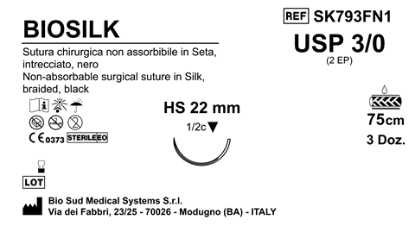Sutura Biosilk HS22 USP 3-0 - EP 2 75 cm Black Box 36 pcs
