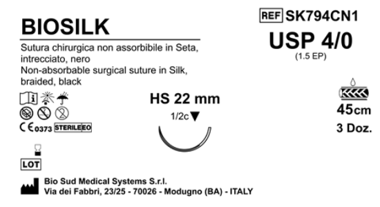 Sutura Biosilk HS22 USP 4-0  - EP 1.5 45 cm Black Box 36 pcs