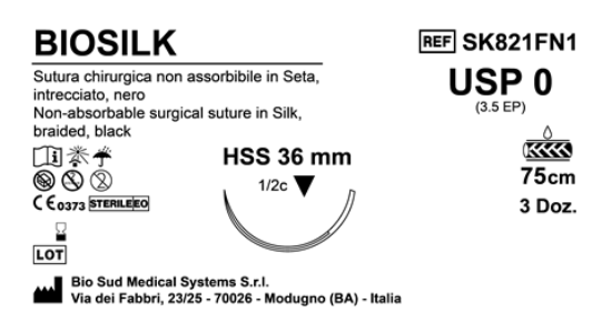 Sutura Biosilk HSS36 USP 0 - EP 3.5 75 cm Black Box 36 pcs