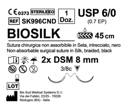 Sutura Biosilk DSM 8 USP 6-0 - EP 0.7 45 cm Black Double Armed  N.12 Bs. per Box