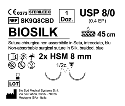 Sutura Biosilk HSM 8 USP 8-0 - EP 0.4 45 cm Blue Double Armed  N.12 Bs. per Box