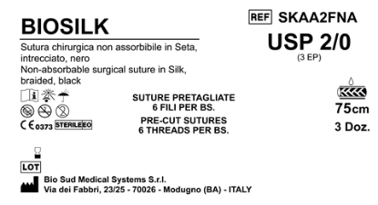 Sutura Biosilk Precutted USP 2-0 - EP 3 75 cm Black Bs. 36 x 6 threads