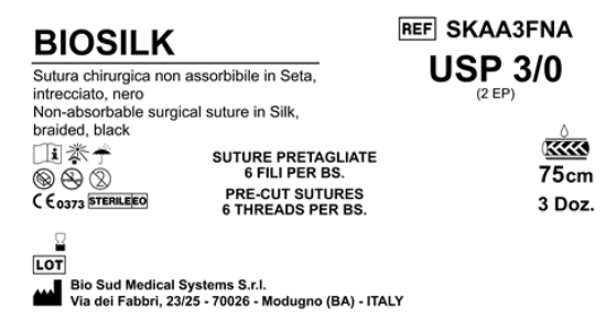 Sutura Biosilk Precutted USP 3-0 - EP 2 75 cm Black Bs. 36 x 6 threads