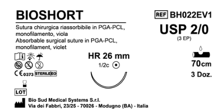 Sutura Bioshort HR26 USP 2-0 - EP 3 70 cm Violet Box 36 pcs