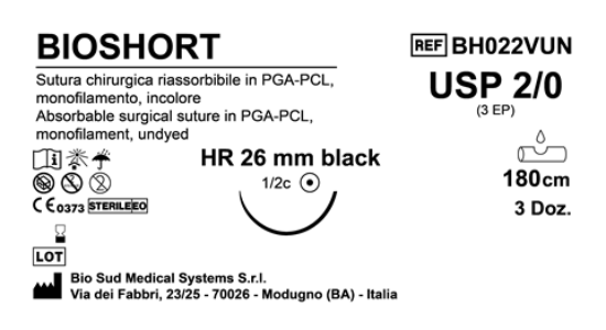Sutura Bioshort HR26 USP 2-0 - EP 3 180 cm Undyed Black Needle  Box 36 pcs