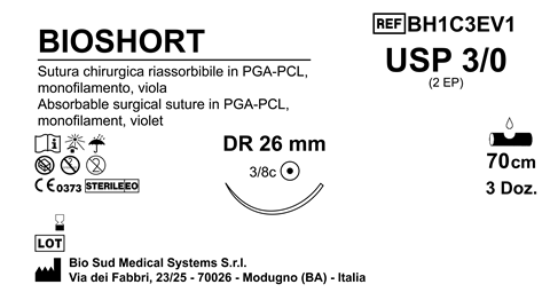Sutura Bioshort DR26 USP 3-0 - EP 2 70 cm Violet Box 36 pcs