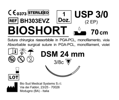Sutura Bioshort DSM 24 USP 3-0 - EP 2 70 cm Violet Box 12 pcs