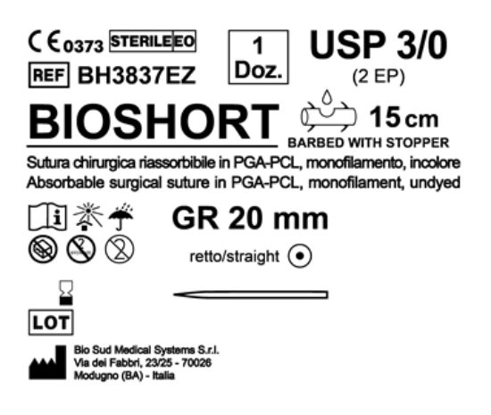 Sutura Bioshort GR 20 USP 3-0 - EP 2 15 cm Undyed Barbed Box 12 pcs