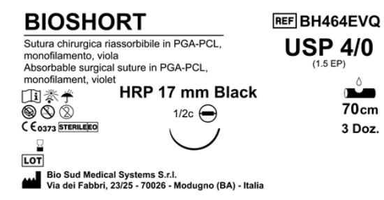 Sutura Bioshort HR17 USP 4-0  - EP 1.5 70 cm Violet Needle Plus Black  Box 36 pcs