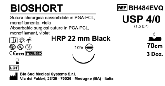 Sutura Bioshort HRP22 USP 4-0  - EP 1.5 70 cm Violet Needle Plus Black  Box 36 pcs