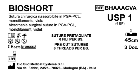 Sutura Bioshort Precutted USP 1 - EP 4 45 cm Violet Bs. 36 x 6 Threads