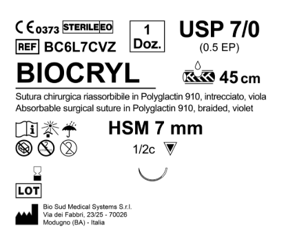 Sutura Biocryl HSM 7 USP 7-0 - EP 0.5 45 cm Violet Box 12 pcs