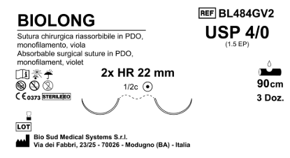Sutura Biolong HR22 USP 4-0  - EP 1.5 90 cm Violet Double Armed  Box 36 pcs